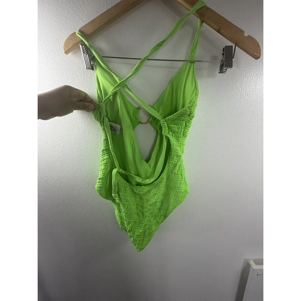 Neon Green Textured One Piece Swimsuit Open Back Ring Detail Criss Cross Size S